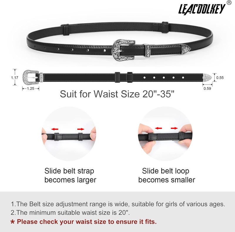 LEACOOLKEY Girls Leather Skinny Belt with Western Buckle for Dress Kids Adjustable Thin Waist Belt for Jeans - Image 4
